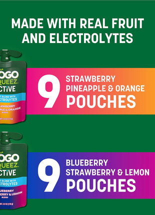 GoGo squeeZ Active Fruit Blend with Electrolytes | 18-Count Variety Pack | Blueberry Strawberry Lemon & Strawberry Pineapple Orange | Made with Real Fruit and Antioxidants Vitamin A, E, & C?