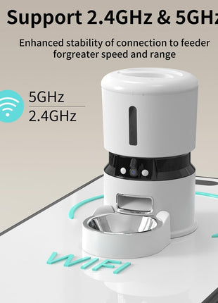 Automatic Cat Feeder with 2 Cameras 1080P HD with Night Vision Pet Food Dispenser Two-Way Voice and Audio Dog Smart WiFi Dog & Cat Feeder Programmable Schedule Slow Bowl White