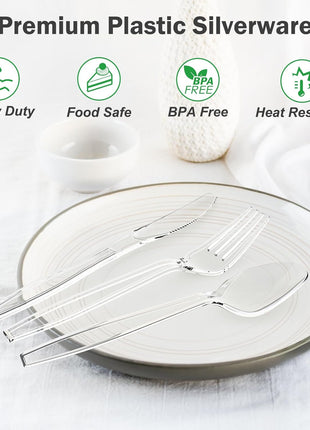 Dealusy 360 Count Extra Heavy Duty Clear Plastic Silverware, 150 Forks, 150 Spoons, 60 Knives, BPA-Free, Heat Resistant, Disposable Plastic Utensils Set, Plastic Cutlery Set, Plasticware Bulk