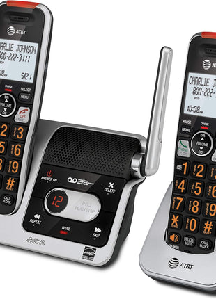 AT&T BL102-2 DECT 6.0 2-Handset Cordless Phone for Home with Answering Machine, Call Blocking, Caller ID Announcer, Audio Assist, Intercom, and Unsurpassed Range, Silver/Black