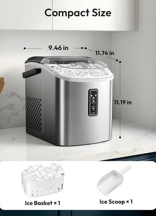 EUHOMY Ice Maker Countertop, 9 Cubes Ready in 6 Mins, 26lbs/24H, Self-Cleaning, Portable Ice Maker Machine with Carry Handle, Basket and Scoop, 2 Sizes of Bullet Ice for Home, Kitchen, Office