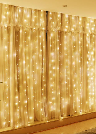 HXWEIYE 300LED Fairy Curtain Lights, 9.8x9.8Ft USB Plug-in 8 Modes Christmas String Hanging Lights with Remote for Bedroom Backdrop Wedding Indoor Wall Decor, Warm White, Standard – 1 Pack