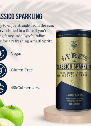 Lyre's Classico 4-Pack, Non Alcoholic Sparkling Wine, Zero Proof Prosecco Alternative, Alcohol Free Drinks, Canned Mocktails, Ready to Drink, 45 Calories per Serve (8.45 Fl Oz x 4)