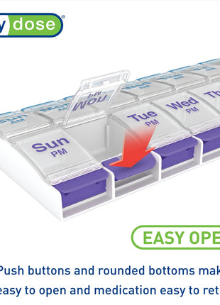 Ezy Dose Weekly (7-Day) AM/PM Pill Organizer, X-Large Case, Blue/Purple | Daily Vitamin Box & Supplement Medicine Planner, 2 Times a Day Push Button Compartments, Portable & Travel-Friendly, BPA-Free
