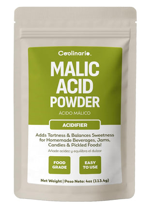 Coolinario Malic Acid Powder (4 Oz) Sour Powder | Food Grade Flavor Enhancer for Beverages, Jams, Candy & Pickled Foods | Adds Tartness & Balances Sweetness | Ideal for Cider, Wine & Fruit Recipes