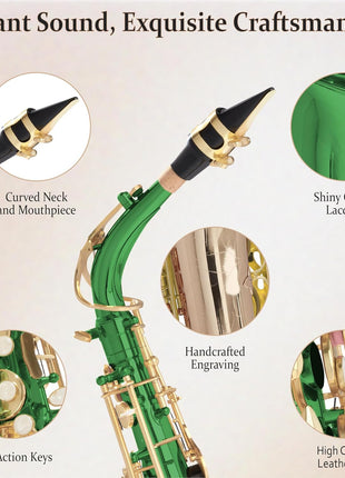 Mendini By Cecilio Alto Saxophone for Beginners, E Flat Tenor Saxophone for Students Musicians with Tuner, Mouthpiece, Case, 10 Reeds, Grease, Cleaning Cloth & Rod, Gloves, Strap, Lesson Book (Green)