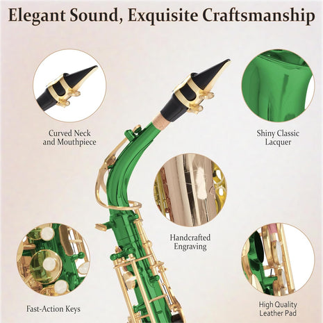 Mendini By Cecilio Alto Saxophone for Beginners, E Flat Tenor Saxophone for Students Musicians with Tuner, Mouthpiece, Case, 10 Reeds, Grease, Cleaning Cloth & Rod, Gloves, Strap, Lesson Book (Green)