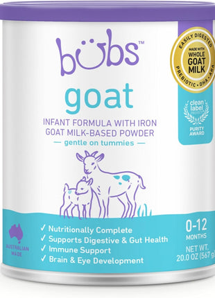 Bubs Whole Goat Milk Infant Formula for 0-12 Months, Non-GMO Milk, 20 oz | Goat Milk-Based Powder with Iron, DHA, ARA, Prebiotics & Essential Nutrients to Support Gentle Digestion