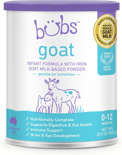 Bubs Whole Goat Milk Infant Formula for 0-12 Months, Non-GMO Milk, 20 oz | Goat Milk-Based Powder with Iron, DHA, ARA, Prebiotics & Essential Nutrients to Support Gentle Digestion