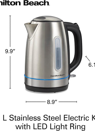 Hamilton Beach 1.7 Liter Electric Tea Kettle, Water Boiler & Heater | Fast Boiling 1500 Watts | BPA Free | Cordless Serving | Auto-Shutoff & Boil-Dry Protection | LED Light Ring | Stainless Steel