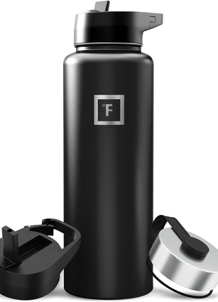 IRON °FLASK Camping & Hiking Hydration Flask with Straw, Wide Mouth Insulated Stainless Steel Sports Water Bottle - 40 oz Midnight Black