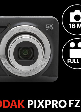 KODAK PIXPRO FZ55-BK 16MP CMOS Sensor Digital Camera 5X Optical Zoom 28mm Wide Angle 1080P Full HD Video 2.7 inch LCD Vlogging Camera (Black)