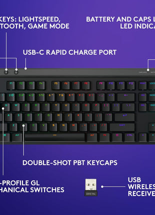 Logitech G515 Lightspeed TKL Low Profile Wireless Gaming Keyboard, LIGHTSYNC RGB, Thin Tenkeyless Design, PBT Keycaps, Tactile (Brown) Mechanical Switches - Black