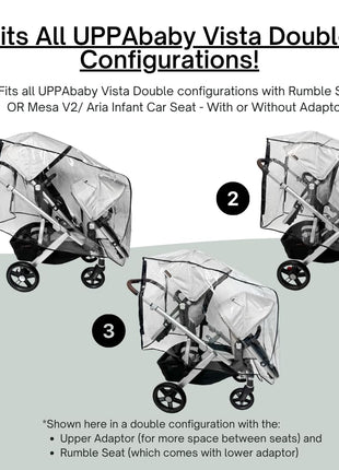 Rain and Wind Cover Made for UPPAbaby Vista V2/V3 Double Stroller System w/Rumble Seat by SASHA'S - Clear, Ventilation Holes, Maximum Coverage (Standard Coverage)