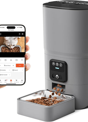 PAPIFEED Automatic Cat Feeder with Camera, 1080P HD & Night Vision, 6L Cat Food Dispenser with App, 5G WiFi Timed Cat Feeder for Dry Food, 2-Way Audio, Smart Pet Feeder for Dog, 1-10 Meals/Day, Grey
