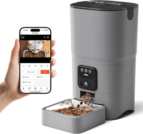 PAPIFEED Automatic Cat Feeder with Camera, 1080P HD & Night Vision, 6L Cat Food Dispenser with App, 5G WiFi Timed Cat Feeder for Dry Food, 2-Way Audio, Smart Pet Feeder for Dog, 1-10 Meals/Day, Grey