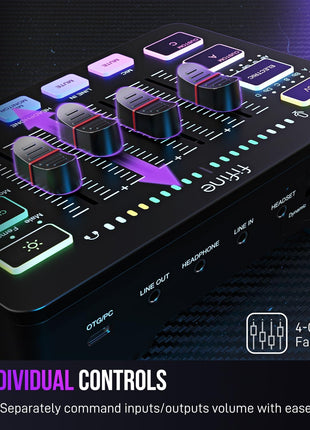 FIFINE Gaming Audio Mixer, Streaming RGB PC Mixer with XLR Microphone Interface, Individual Control, Volume Fader, Mute Button, 48V Phantom Power, for Podcast/Recording/Vocal/Game Voice-AmpliGame SC3