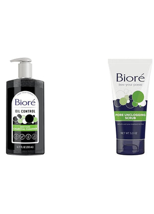 Bioré Deep Pore Charcoal Face Wash, Facial Cleanser for Dirt and Makeup Removal From Oily Skin, 6.77 Ounce & Bioré Pore Unclogging Scrub, Removes Excess Dirt and Oils, Face Scrub