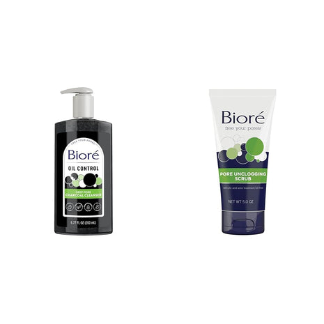 Bioré Deep Pore Charcoal Face Wash, Facial Cleanser for Dirt and Makeup Removal From Oily Skin, 6.77 Ounce & Bioré Pore Unclogging Scrub, Removes Excess Dirt and Oils, Face Scrub