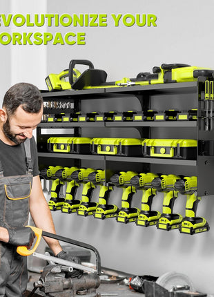 POKIPO Large Power Tool Organizer Wall Mount with Charging Station,4 Layer Heavy Duty Metal Tool Storage Rack Loads 600lbs with 8 Cordless Drill Holder,Battery Utility Rack Loads with 4 Power Strip