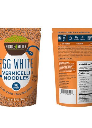 Miracle Noodle Egg White Pasta Variety Pack, 3.5 Oz (Pack of 6), Spaghetti, Vermicelli Angel Hair, Ready to Eat Egg White Noodles, 10g Protein, 45 Calories, 1g Net Carbs Per Serving, High Protein, Keto, Gluten-Free