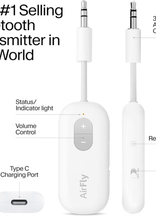 Twelve South AirFly SE | Bluetooth Wireless Audio Transmitter Adapter for AirPods/Headphones, 20+ Hr Battery, Works with 3.5mm aux Jacks on Airplanes, TVs, Gym Equipment, and Travel