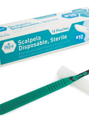 MED PRIDE Sterile Disposable Surgical Scalpels 10 Pack, Individually Wrapped Protective Caps, Plastic Handles, for Dermaplaning Crafts (#10 Stainless-steel)