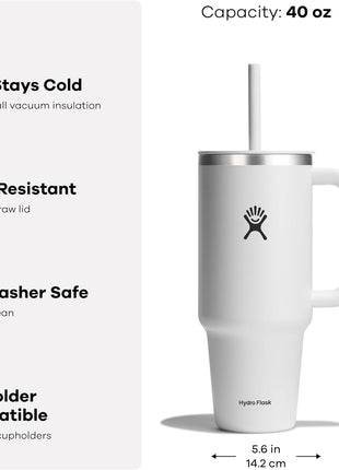 Hydro Flask Travel Tumbler with Handle, Lid and Straw - Insulated Stainless Steel in 40 Oz Black