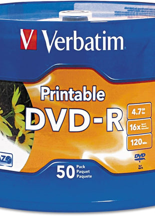 Verbatim DVD-R 4.7GB 16X White Inkjet Printable with Branded Hub, 50-Disc