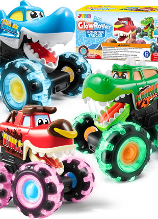 JOYIN 3 Pack Monster Truck Toy - Motion Activated Light Up Cars for Toddlers - Monster Glow Rover LED Wheels - Baby Boy Toys - Press and Go Dinosaur Trucks for Kids Boy Birthday Gifts