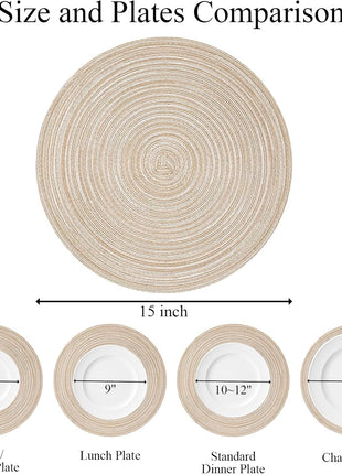 SHACOS 15 inch Round Braided Placemats Set of 6 Non Slip Heat Resistant Cotton Polyester Table Mats Washable Place Mats for Kitchen Dining Party Table Decor (Beige, 6)