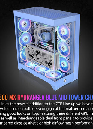 CTE E600 MX Hydrangea Blue E-ATX Mid Tower with Centralized Thermal Efficiency Design; Interchangeable Dual Front Panel; 3Way VGA Mounting Bracket; 400mm PCIe4 Riser Cable Included; CA-1Y3-00MFWN-00