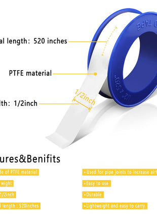 VOTMELL 4 Rolls 1/2 Inch(W) X 520 Inches(L) Teflon Plumbers Tape,Pipe Sealing & Plumbing Thread Tape,PTFE Water Sealant Seal for Shower Head,White