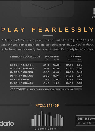 D'Addario Electric Guitar Strings, NYXL Nickel Plated, NYXL1046-3P, Regular Light Gauge 10-46, 6-String Set, Pack of 3