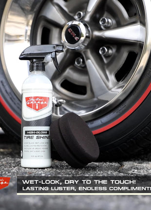Jay Leno's Garage Tire Shine Delivers long-lasting High Gloss with a Deep Black Wet Look Glow. This Tire Dressing Spray and Car Tire Shine Work as Auto Detailing Care for Wheels and Tires – 16 oz.