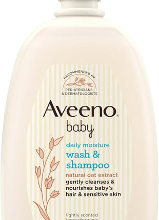 Aveeno Baby Daily Moisture Gentle Baby Body Wash and Shampoo with Oat Extract, 2-in-1 Baby Wash & Hair Shampoo, Tear-Free, pH Balanced for Sensitive Skin & Hair, Lightly Scented, Value Size 33 Fl Oz