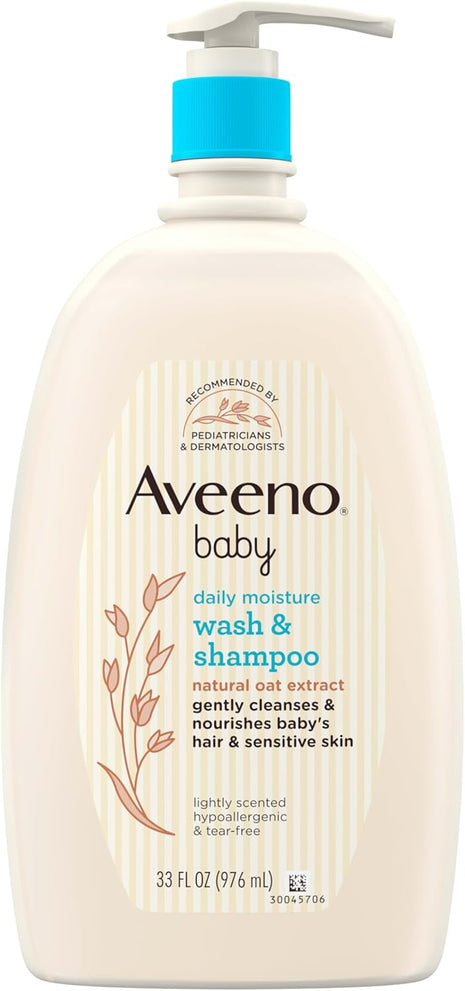 Aveeno Baby Daily Moisture Gentle Baby Body Wash and Shampoo with Oat Extract, 2-in-1 Baby Wash & Hair Shampoo, Tear-Free, pH Balanced for Sensitive Skin & Hair, Lightly Scented, Value Size 33 Fl Oz