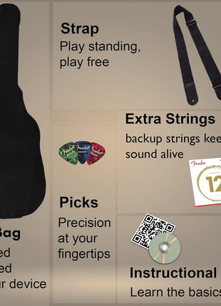 Fender Dreadnought Acoustic Guitar   Natural Bundle with Gig Bag, Strap, Strings, Picks, and Austin Bazaar Instructional Video
