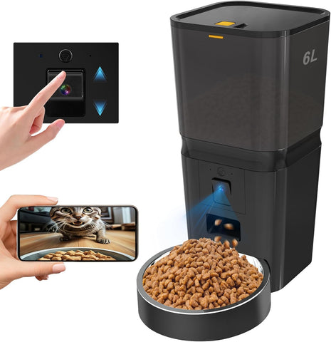 Automatic Cat & Dog Feeder with Camera, 6L Smart WiFi Pet Food Dispenser for Small Pets & Multi-Cat Homes - Timed Feeding App, Battery Backup, Voice Recorder, Night Vision & Portion Control