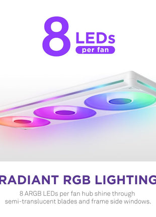 NZXT F420 RGB Core - 420mm Single-Frame RGB Fan Unit - White | 420mm single-frame unit with three 140mm RGB fans on one cable. Speed and lighting controlled through CAM.