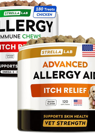 Allergy Relief + Advanced Allergy Bundle - Itchy Skin + Allergy & Itch Relief - Omega 3&Pumpkin + Probiotics - Dogs Itching & Licking Treats + Hot Spots - 300 Ct - Chicken + Bacon Flavor - Made in USA