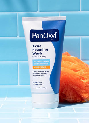 PanOxyl 10% Benzoyl Peroxide Acne Foaming Wash, Maximum Strength, Daily Acne-Fighting Face and Body Cleanser, Face Wash to Clear, Treat and Prevent Acne Pimples and Stubborn Breakouts, 5.5 Oz Tube