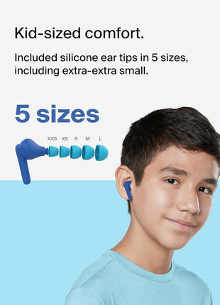 Belkin SoundForm Nano 2 Bluetooth Earbuds for Kids with Built-in Microphone, 28H Battery Life, Safe 85dB Volume, IPX5 Water Resistance - Kids Bluetooth Earbuds for iPhone, iPad, Galaxy, & More - Blue