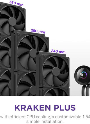 NZXT Kraken Plus 360 – AIO CPU Liquid Cooler – 360mm Radiator – 3 x F120P Fans – Customizable 1.54 inch Square LCD – AMD® AM5, AM4 – Intel® LGA 1851/1700, 1200/115X – Black
