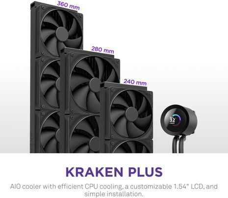 NZXT Kraken Plus 360 – AIO CPU Liquid Cooler – 360mm Radiator – 3 x F120P Fans – Customizable 1.54 inch Square LCD – AMD® AM5, AM4 – Intel® LGA 1851/1700, 1200/115X – Black