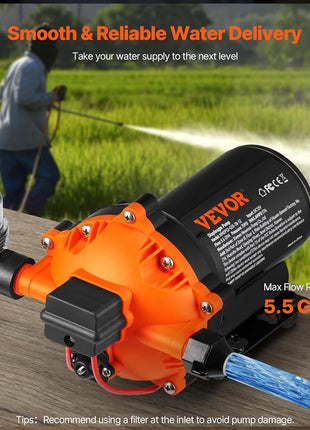 VEVOR Water Diaphragm Pump, 12V DC, 5.5 GPM Flow, 70 PSI Rated Pressure (40-100 PSI Adjustable), 1/2 inch MNPT Self Priming Sprayer Pump with Pressure Switch for Car Washing, Agricultural Irrigation