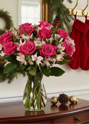 Benchmark Bouquets - Charming Roses & Alstroemeria (Glass Vase Included) - Fresh Flowers for Delivery - Gift for Graduation, Birthday, Anniversary, Sympathy, Get Well, Congratulations