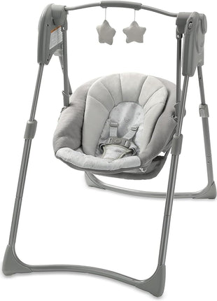 Graco Slim Spaces Compact Baby Swing, Space Saving Portable Bay Swing with Height Adjustable Legs & Soft Toys, Reign