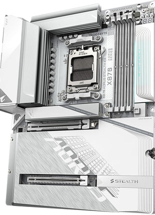 GIGABYTE X870 AORUS Stealth ICE Reverse-Connect ATX Motherboard, Support AMD Socket AM5 Processors, DDR5, 16+2+2 Power Phase, 4X M.2, PCIe 5.0, USB4, WIFI7, 5GbE, PCIe EZ-Latch Plus, 5 Year Warranty