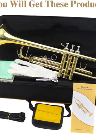 Trumpet Instrument,Band & Orchestra Musical Instruments for Beginners,With trumpets case,Mouthpiece,Cloth and Gloves (Golden)